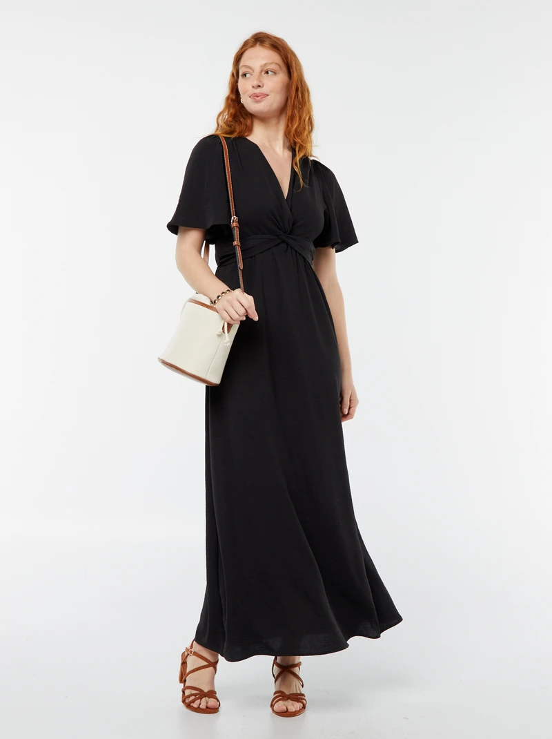 Long dress with crossed and tied collar-black